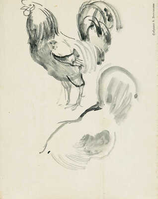 Эвенбах Евгения Константиновна.  Петух и курица (на оборотной стороне набросок с двумя петухами)